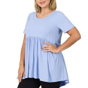 Zenana Outfitters Blue Ruffled Blouse Short Sleeve Top